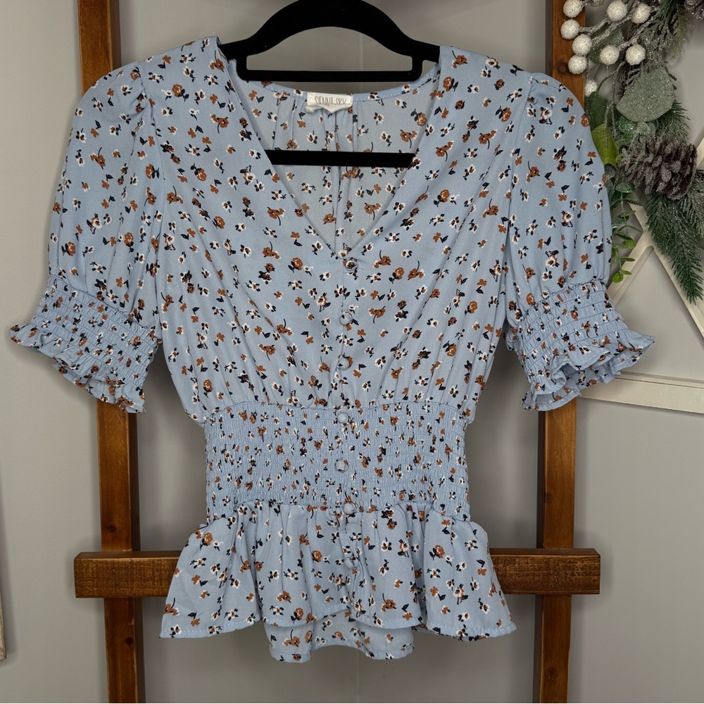 Sienna Sky Blue Puff Sleeve Smocked Blouse